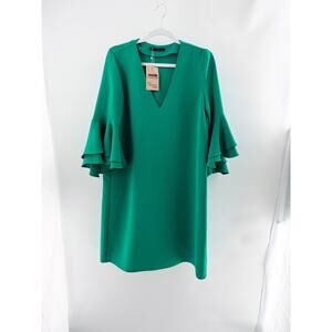 Carolina Herrera V-Neck Midi Shift Dress with Ruffle Sleeves Green Womens Size 8
